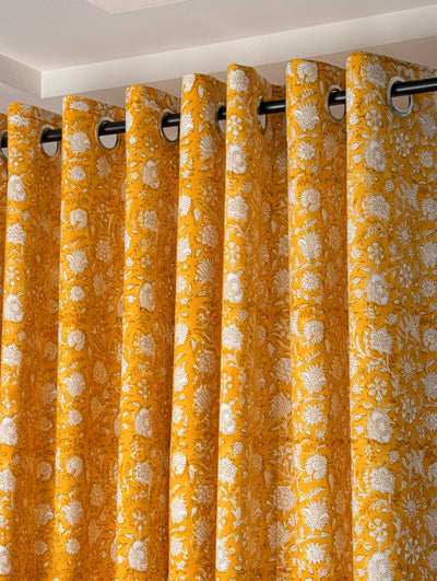 Mustard yellow Gadh Block Print curtain with checks border