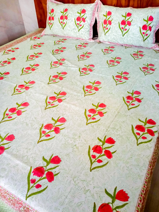 Red Floral Boota print hand block Double Bedsheet