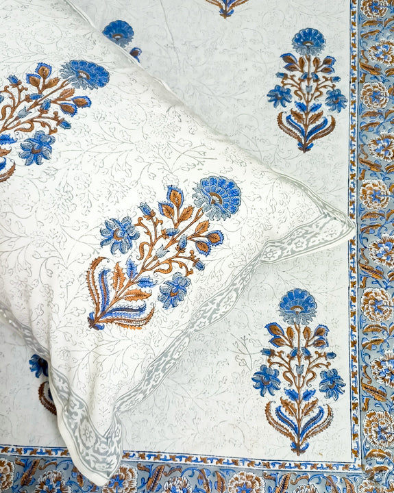 Blue Floral Boota print hand block Double Bedsheet