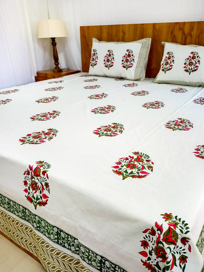 Red Green Floral Boota print hand block Double Bedsheet