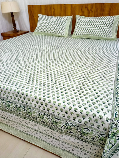 Light green Mugal Booti design hand block Double Bedsheet