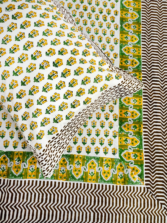 Yellow Mugal Booti design hand block Double Bedsheet