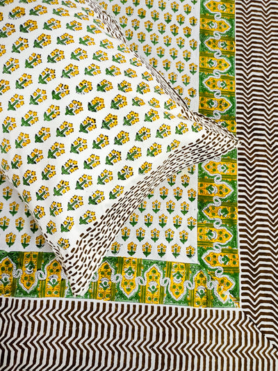 Yellow Mugal Booti design hand block Double Bedsheet