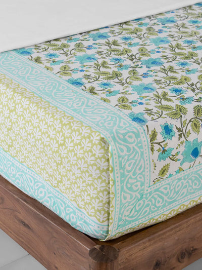 Teal blue Floral Jaal print hand block Double Bedsheet