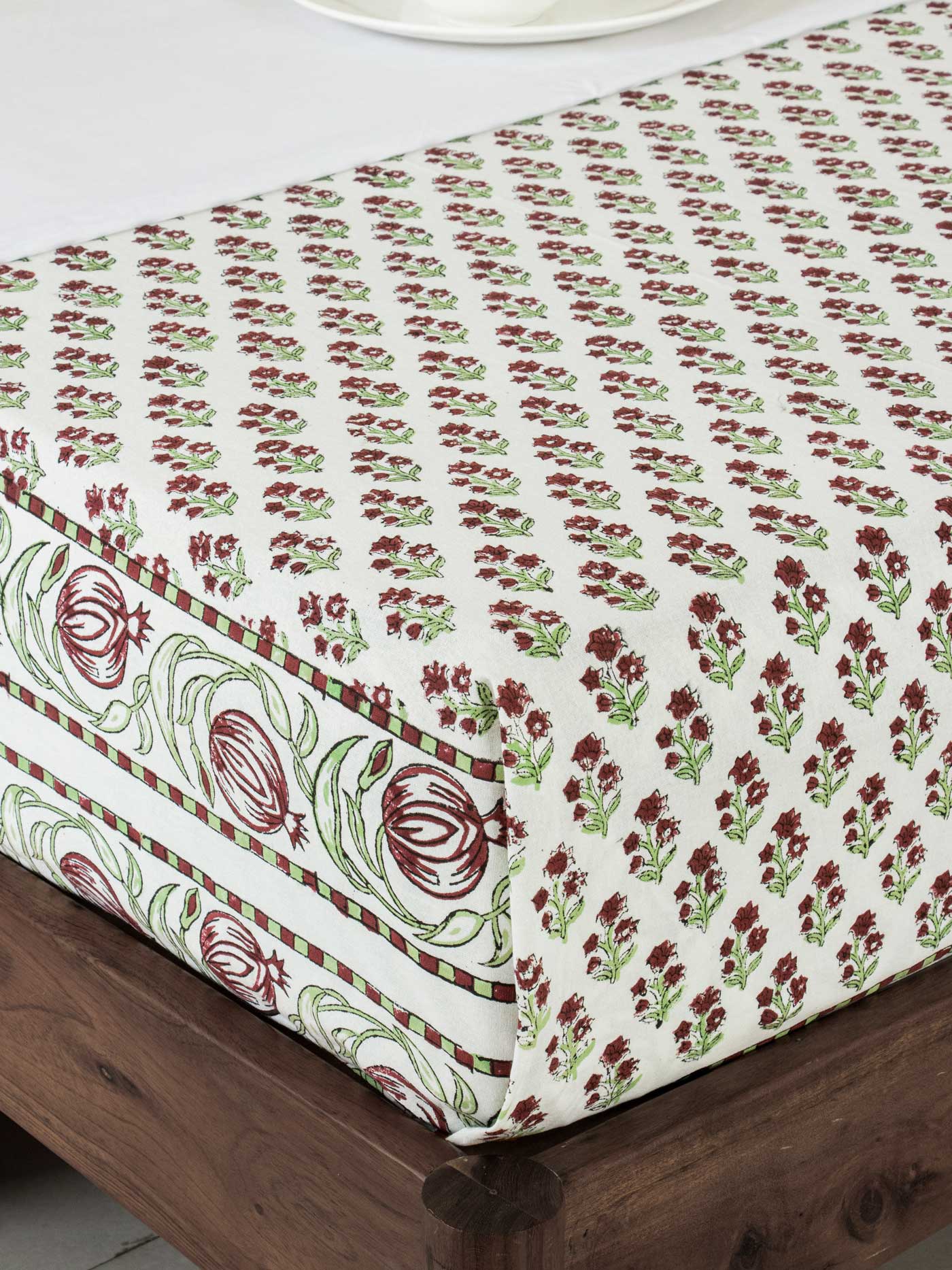 Red Mugal Booti design hand block Double Bedsheet with Annar border