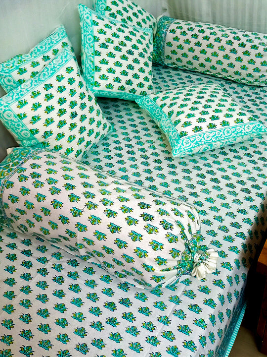 Teal Green Cotton Diwan Set with Booti Hand Block Print