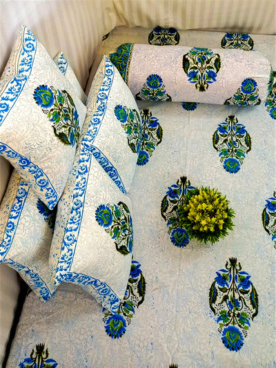 Blue Floral jaal Block print Print Cotton Diwan Set