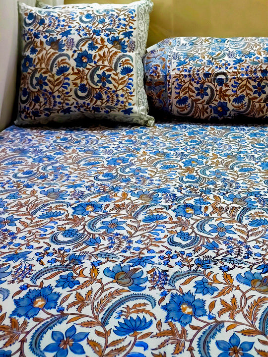 Blue block print cotton Diwan set with paani jaal