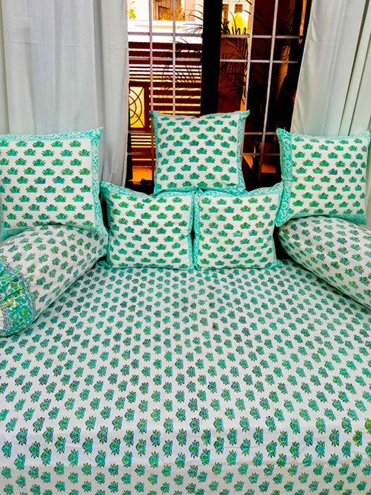 Teal Green Cotton Diwan Set with Booti Hand Block Print
