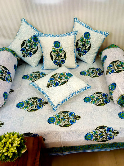 Blue Floral jaal Block print Print Cotton Diwan Set