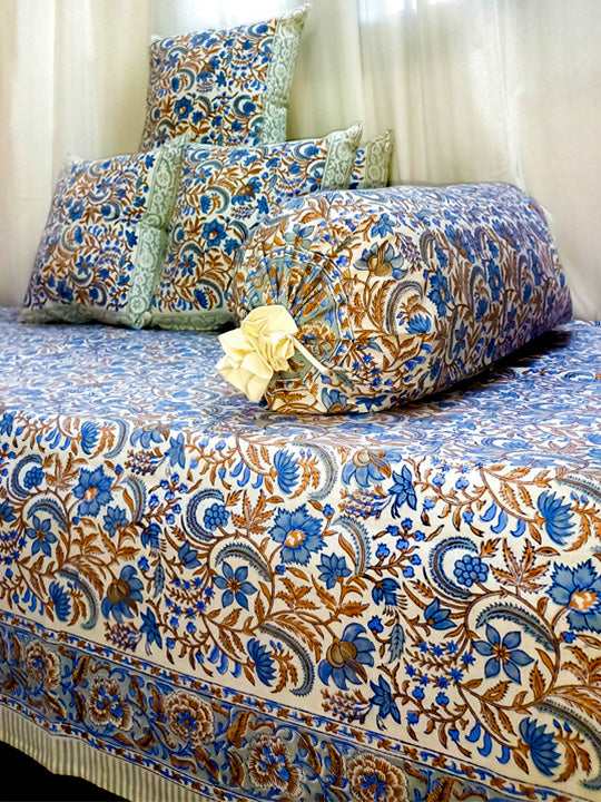 Blue block print cotton Diwan set with paani jaal