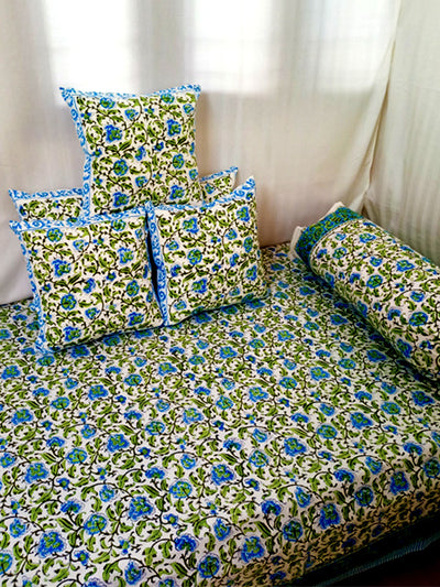 Teal Green Floral Boota Block Print Diwan Set