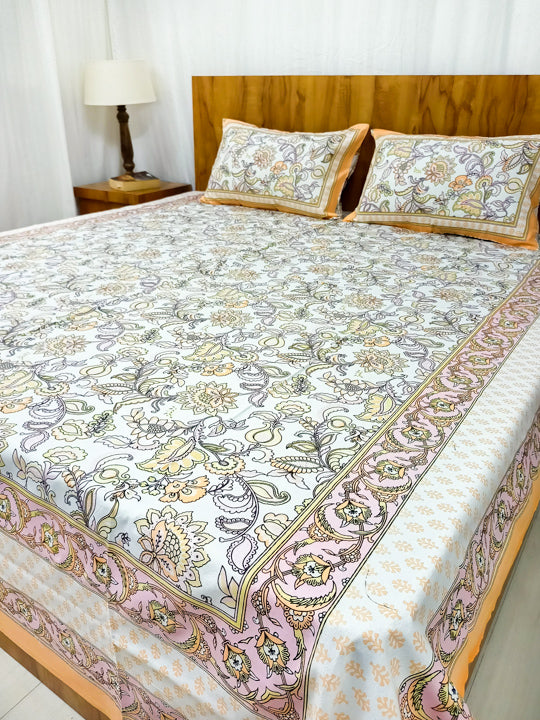 Beige Floral Design Sanaganeri Double bedsheet