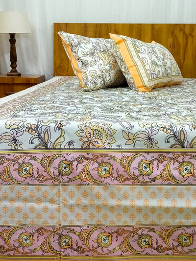 Beige Floral Design Sanaganeri Double bedsheet