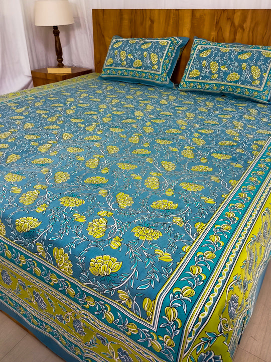 Teal Blue bel design Sanganeri Double bedsheet