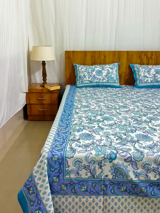 Blue Floral Design Sanaganeri Double bedsheet