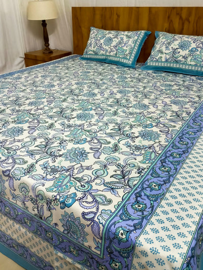 Blue Floral Design Sanaganeri Double bedsheet