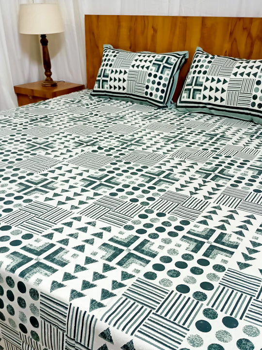 Sage Green Geometric Design Saanganeri Double bedsheet