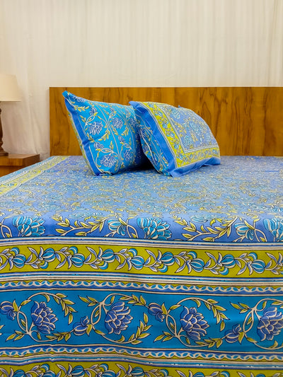 Azure Blue bel design Saanganeri Double bedsheet