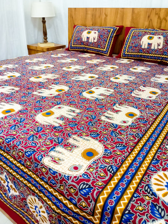 Maroon Elephant design Sanganeri Double bedsheet