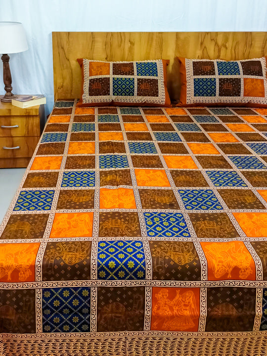 Multicolour Camel Patchwork Sanganeri Double bedsheet