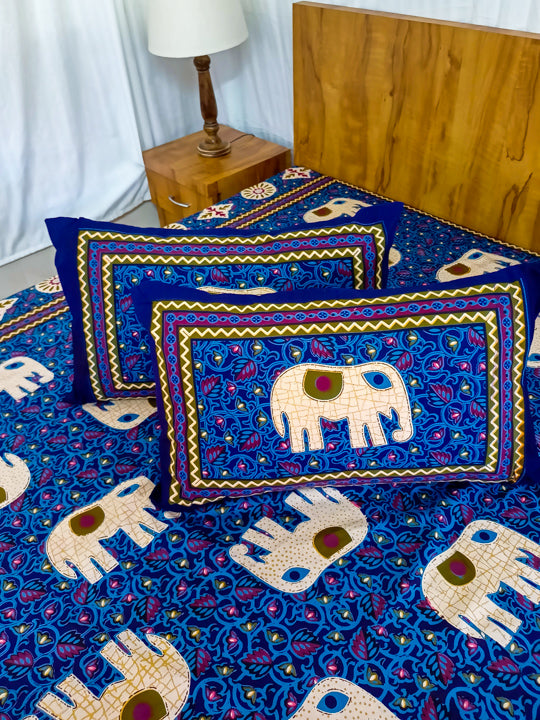 Dark blue Elephant design Sanganeri Double bedsheet