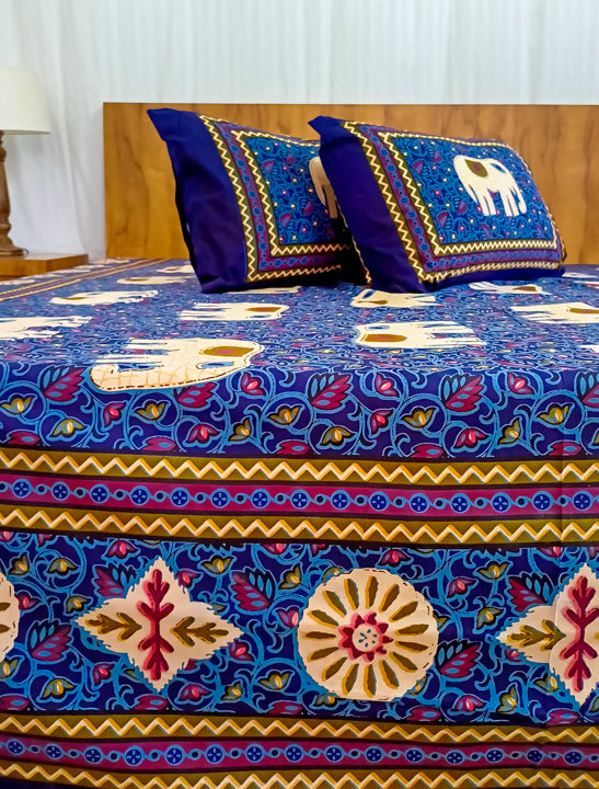 Dark blue Elephant design Sanganeri Double bedsheet