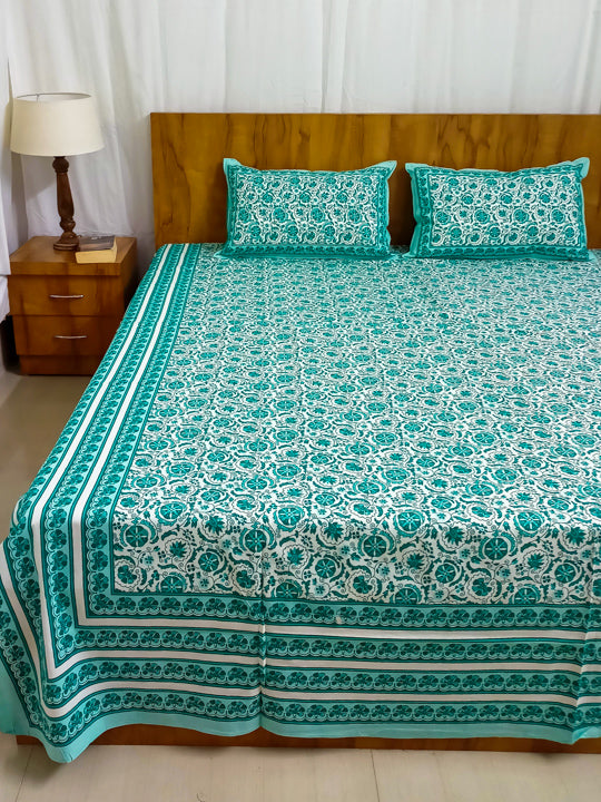 Teal blue Chakri design Sanganeri Double bedsheet