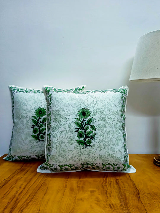 Green hand Block Cushion cover with Mugal Boota