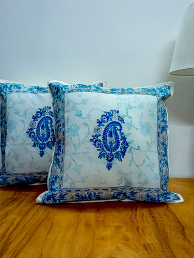 Blue boota design hand block cushion cover with Jaal