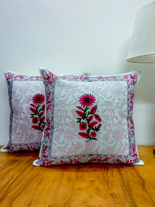 Pink boota design hand block cushion cover with Jaal