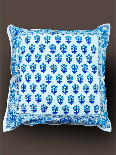 Blue booti design hand block cushion cover with Jaal