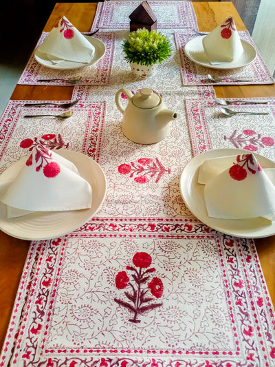 Red floral boota Table Mat & Napkin set with Runner