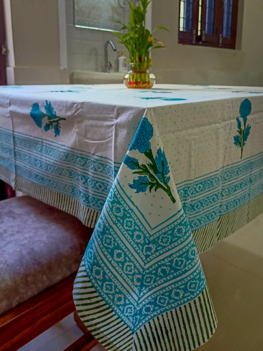 Blue Marigold boota design table cover with polka dots
