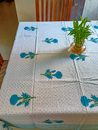Blue Marigold boota design table cover with polka dots