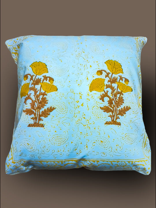 Mustard yellow Hand Block Cushion Cover with Mugal Boota