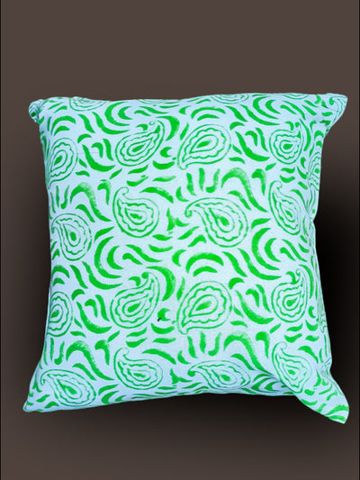 Parakeet Green hand Block Cushion cover with Mugal Boota