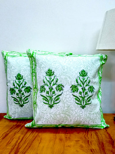 Parakeet Green hand Block Cushion cover with Mugal Boota