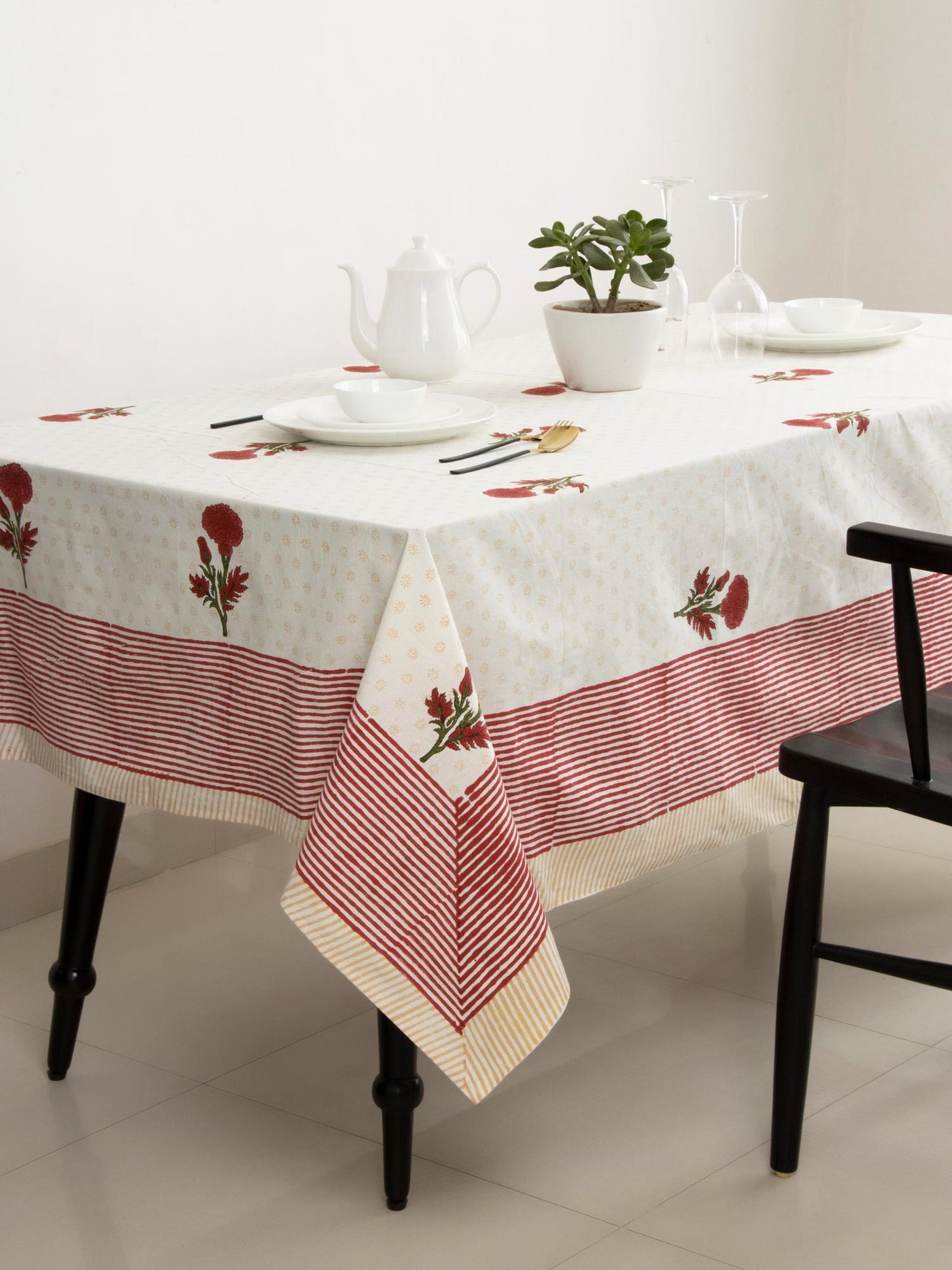 Red Marigold design Table cover with monogram & Parallel border