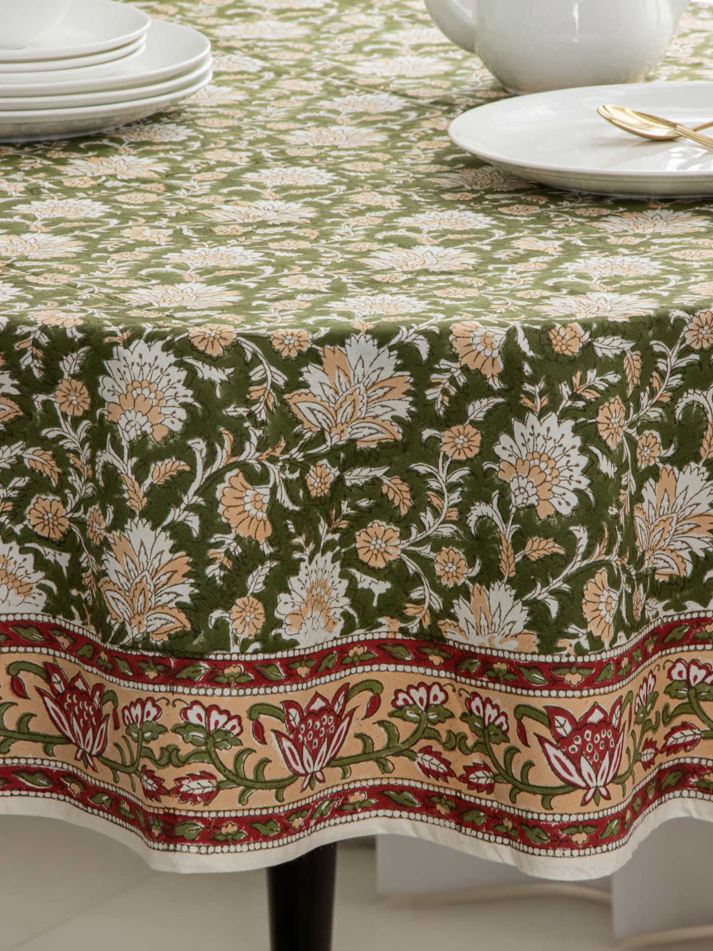 Green Floral boota Table cover with bel border