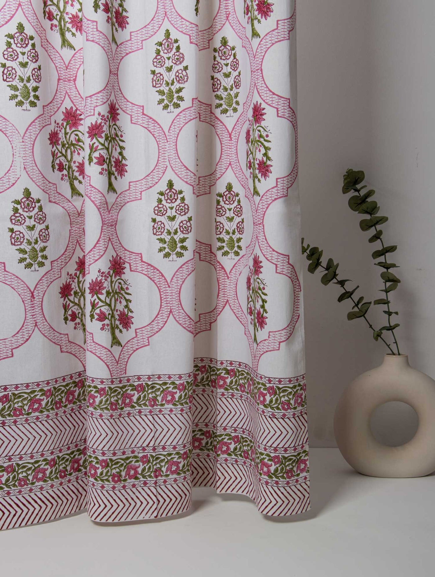 Pink Curtain Boota with Jaal & zigzag border